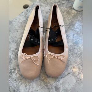 H&M Women's Blush Pink Satin Ballet Flats black pearl cross straps with Bow 39